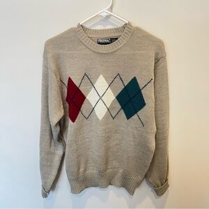 Men's City Streets Beige Argyle Sweater cuffed sleeve size Large